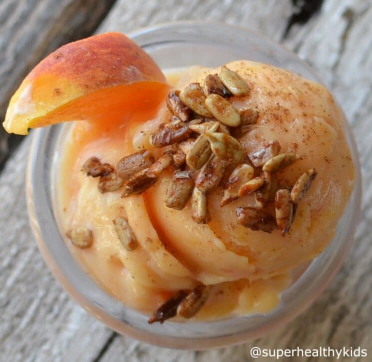 Honey Roasted Cinnamon Sunflower Seeds with Peach Sorbet Recipe. PEACH SORBET sprinkled with honey roasted sunflower seeds!! Great for kids with nut allergies!